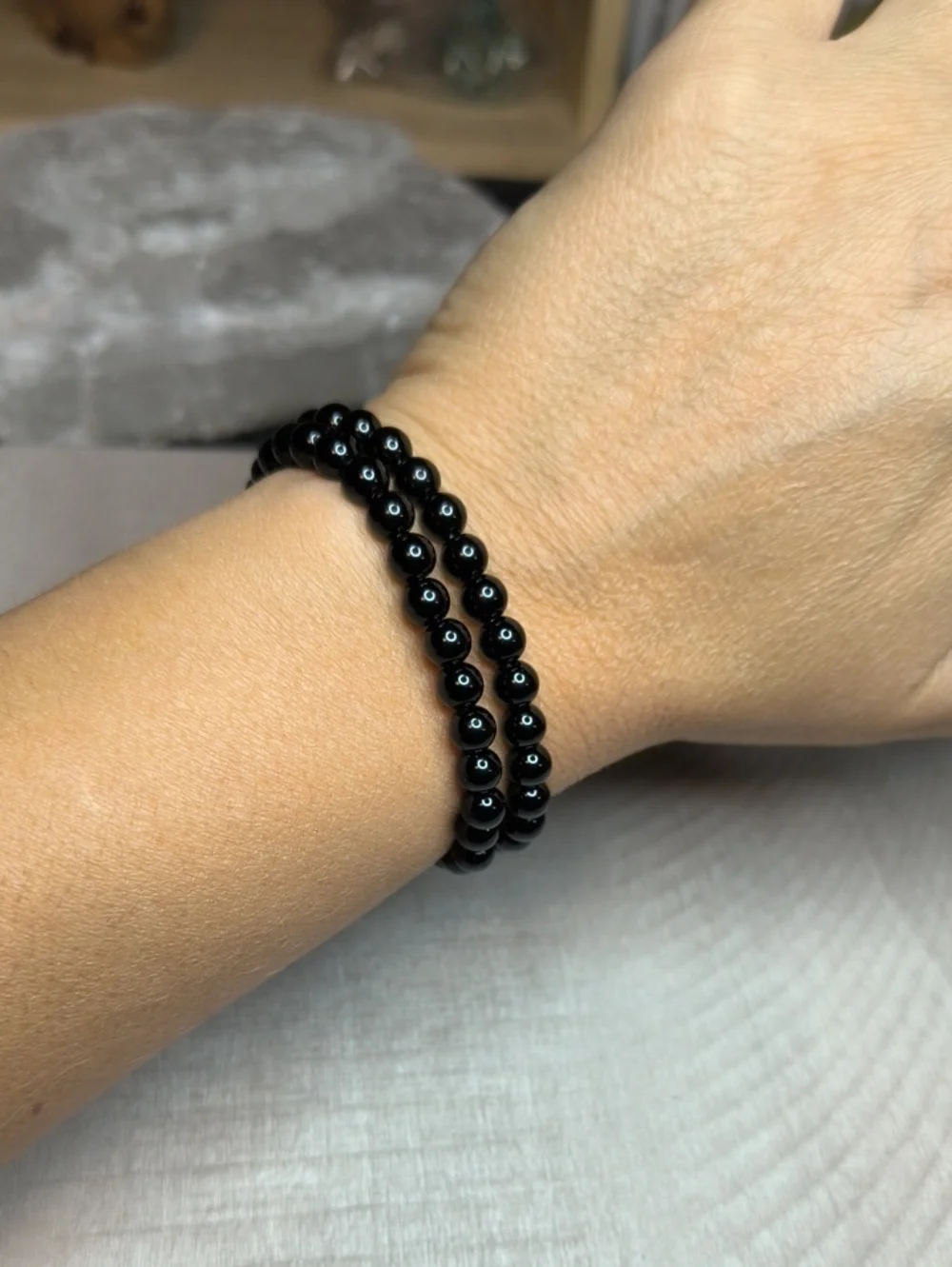 #5- 6mm Glossy Black Glass Beads Strand - 15 Inch